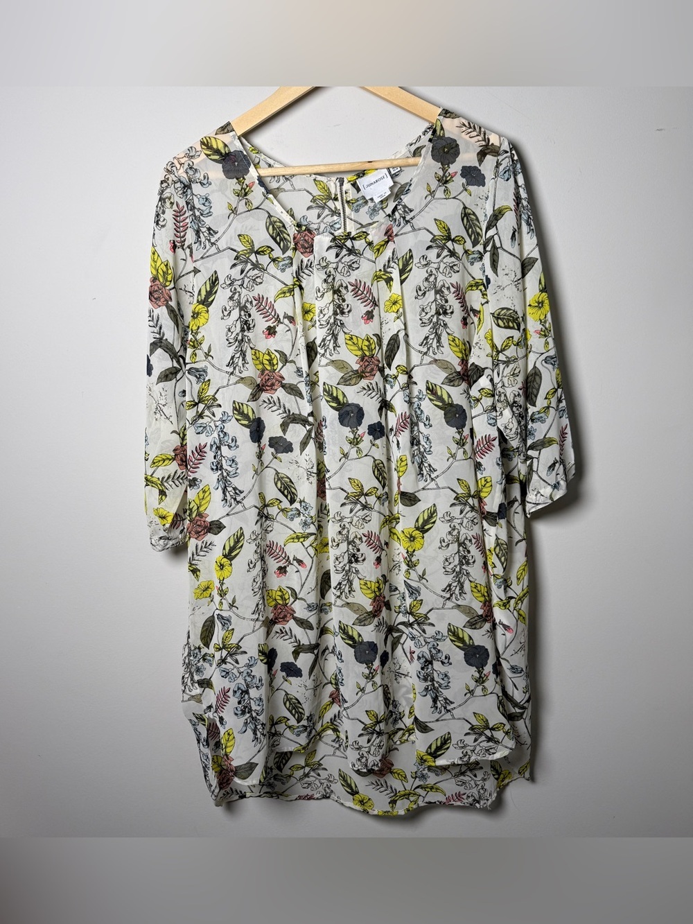 Junarose Ditta Roy Sheer Botanical Floral Tunic 3/4 Sleeve Ivory Plus US 18